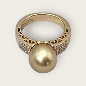 Golden Pearl and Diamond Accent Silver Ring BBJ 925 Size 9 Vintage Jewelry